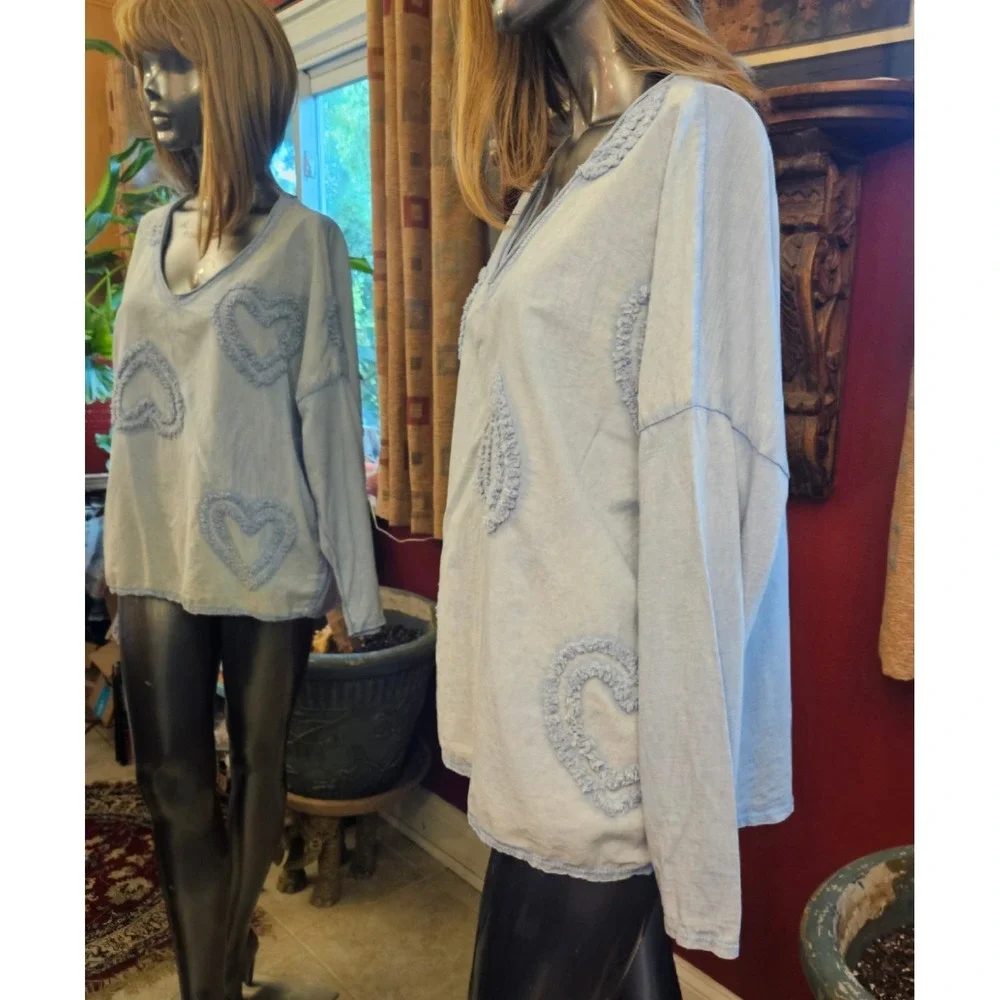 Made in Italy 100% Cotton Heart‎ Appliqué Lagenlook Oversized Boho Top Size O/S